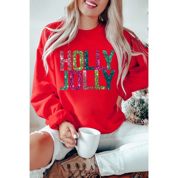 Red HOLLY JOLLY Printing Christmas Pullover Sweatshirt - Picture 1 of 8